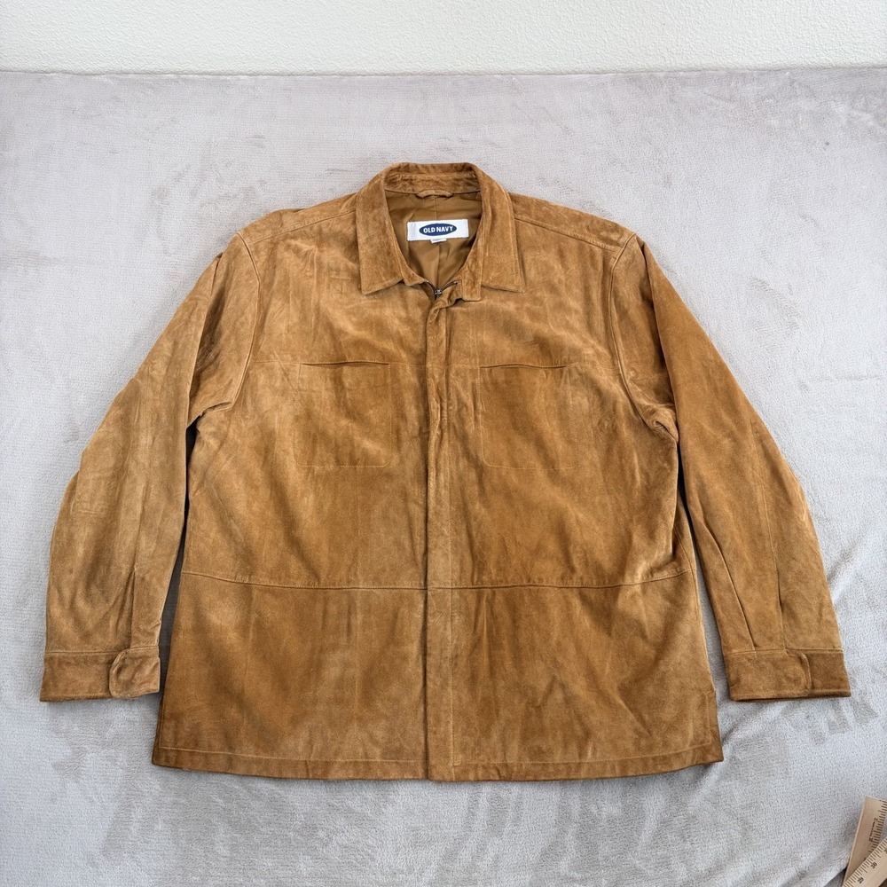 Vintage Old Navy Suede Leather Zip Up Jacket in Camel Tan Men 2XL Twin Pockets